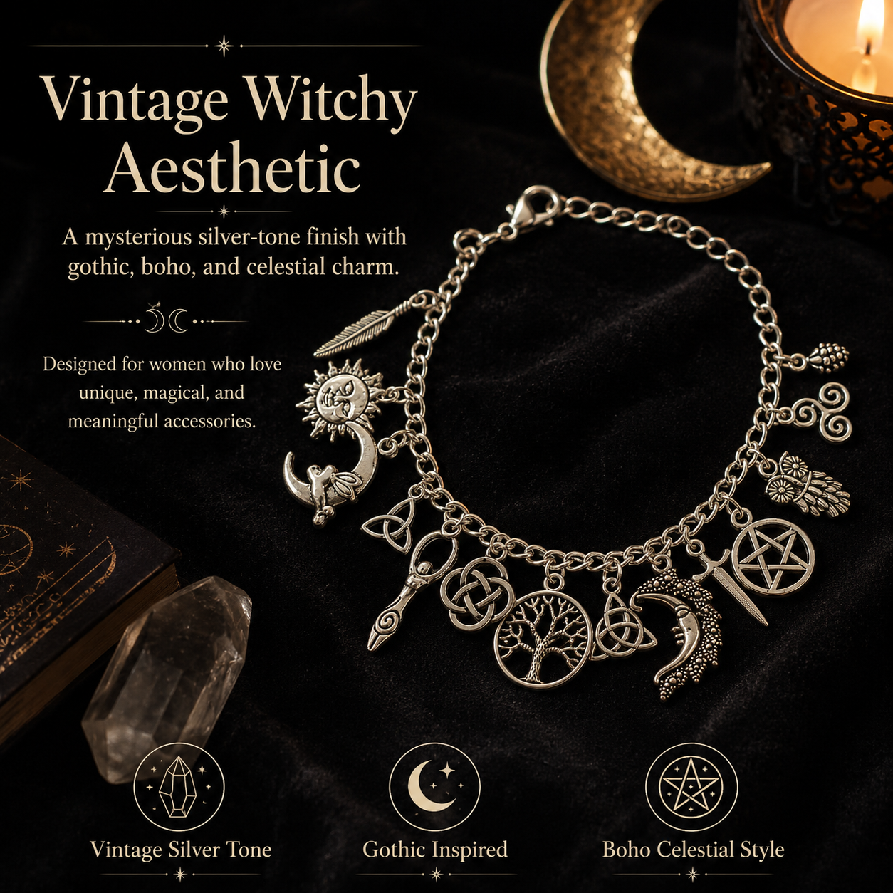 ✨🔥Last Day 50% OFF🌙Vintage Witchy Charm Bracelet | Celestial Gothic Boho Jewelry for Women